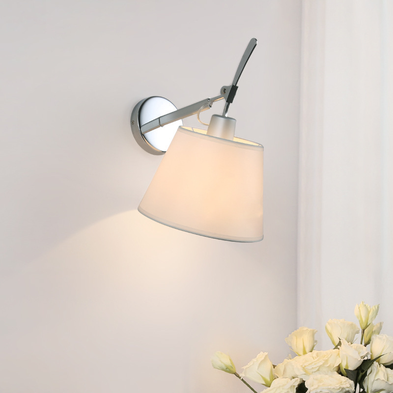 E27 Silver Wall Light Holder Fabric Lampshade Stainless Steel Bracket Eye Care Swing Arm Adjustable LED Reading Lamp