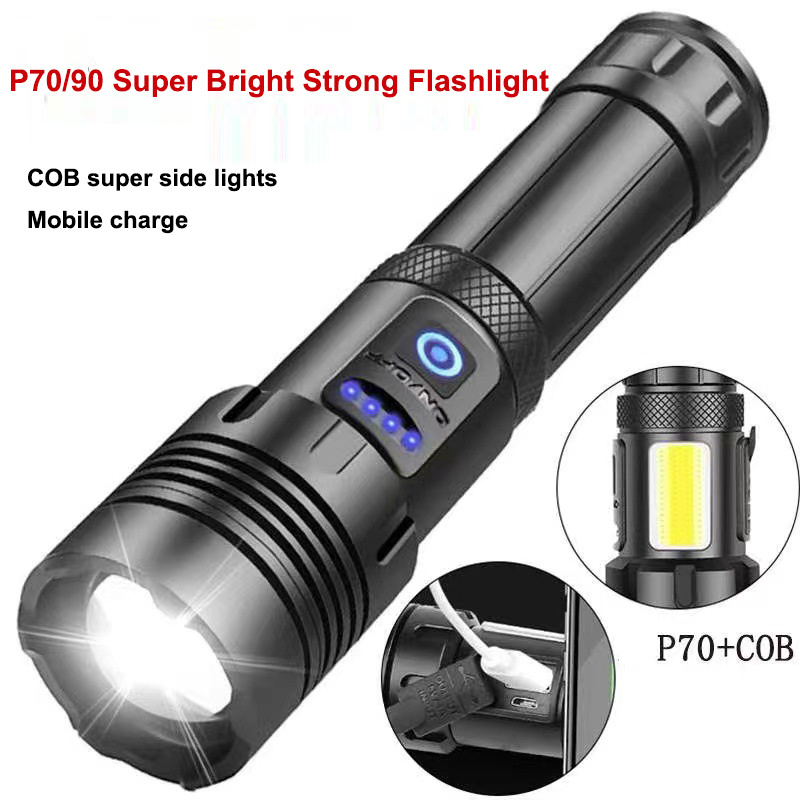 COB Strong Light Flashlight P70 Telescopic Zoom Charging Outdoor Multi-Function LED Rechargeable Flashlight