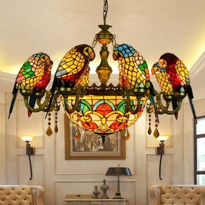 2021Personalized Tiffany Stained Glass Parrot LED Chandelier for Restaurant &Bar Decoration Lighting chandeliers ceiling luxury