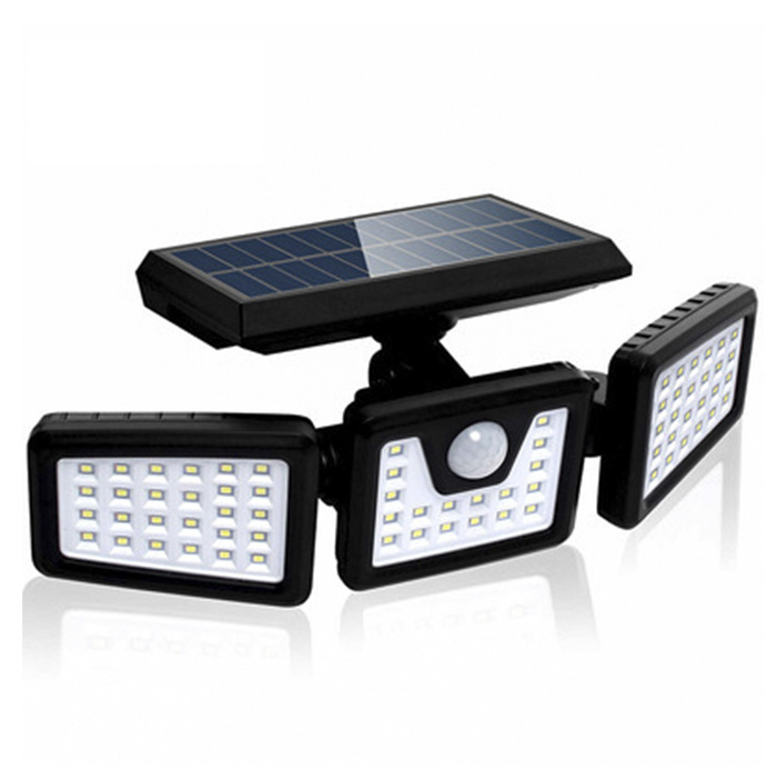 Outdoor IP65 Waterproof 3 Head Motion Sensor Solar Security Lights 360 degree Rotatable 70LED Spotlights for Garden