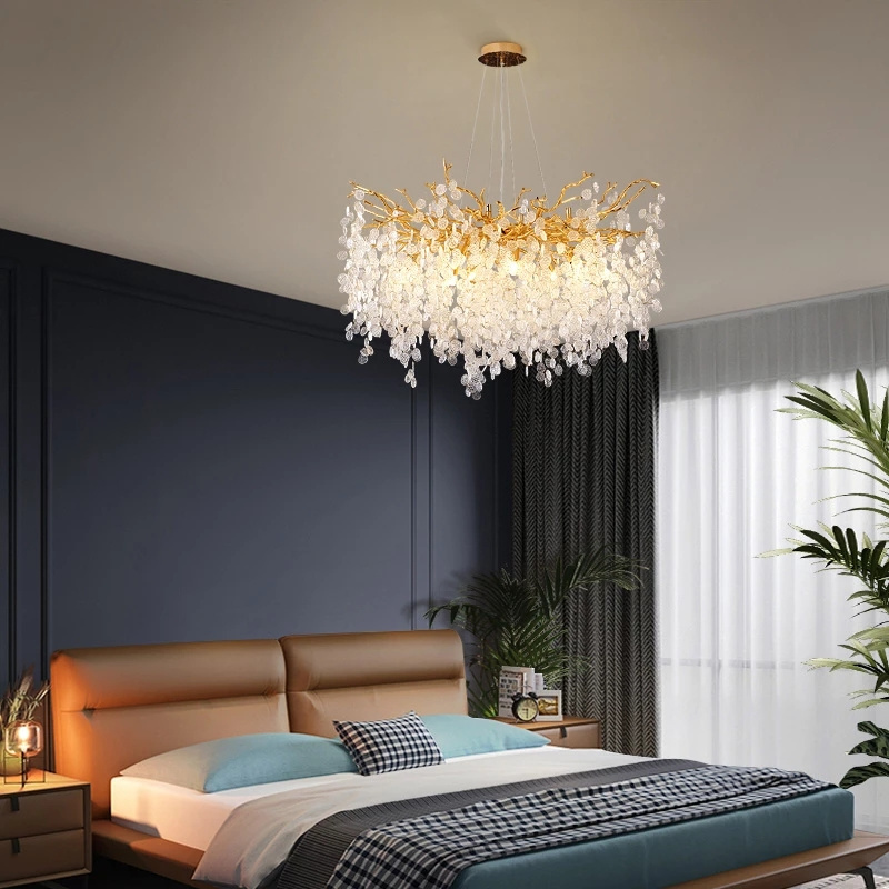 Modern LED Crystal Chandeliers Gold Money Tree Branch Pendant Lighting Round Ceiling Light Fixtures For Living Room Bedroom