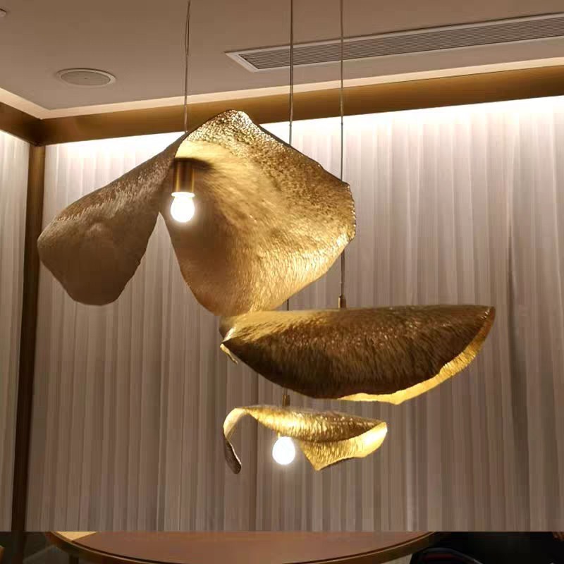 LED Home Decor Chandelier for Dining Room Bedroom Loft Restaurant Hanging Lamp Modern All Copper Lotus Leaf Pendant Light