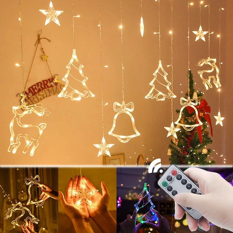 Deer Bells Tree Garland Fairy Curtain String Light For  Holiday Party Decor LED Christmas Star Lights