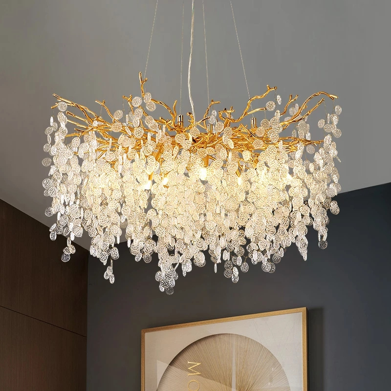 Modern LED Crystal Chandeliers Gold Money Tree Branch Pendant Lighting Round Ceiling Light Fixtures For Living Room Bedroom