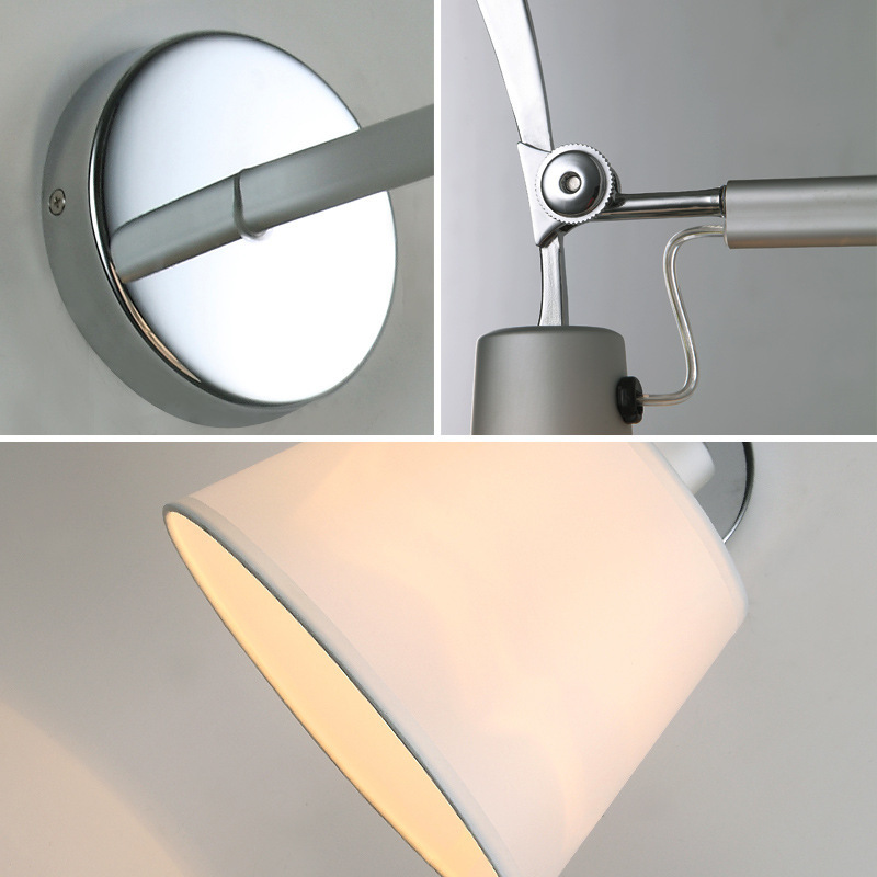 E27 Silver Wall Light Holder Fabric Lampshade Stainless Steel Bracket Eye Care Swing Arm Adjustable LED Reading Lamp