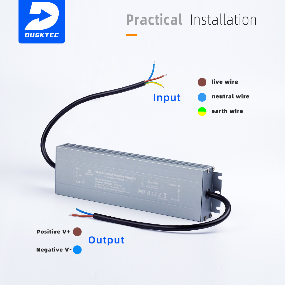 DUSKTEC CUSTOM ROHS 60W 100W AC 100-260V DC 12V 24V IP67 Single Channel Input Output RGB Led Light Controller Triac Led Driver