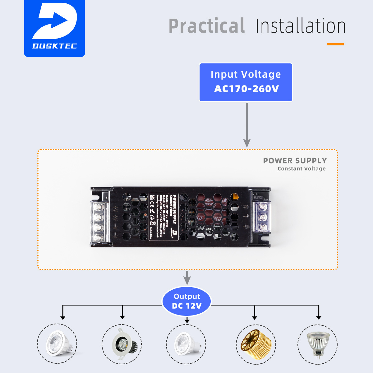 DUSKTEC CUSTOM 60W 100W AC 100-260V DC 12V 24V IP20 Multi Channel Constant Voltage Dark Energy Led Switching Power Supply