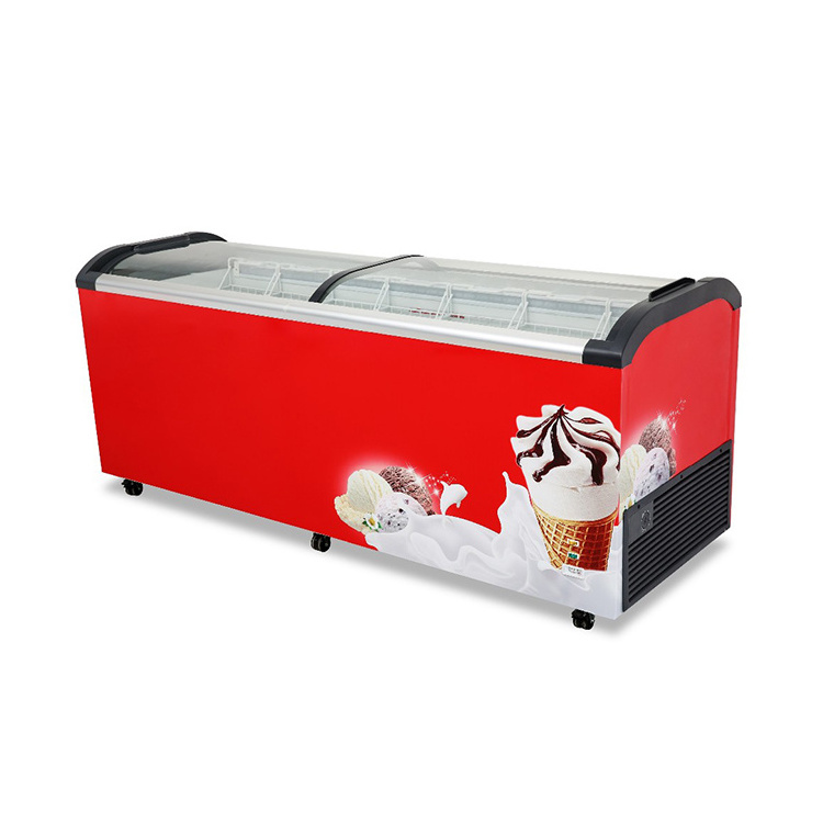 OEM Custom Supermarket Ice Cream Fridge Curved Glass Display Showcase Freezers Commercial Refrigeration Equipment