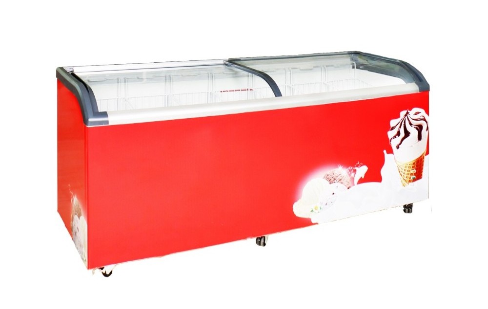 OEM Custom Supermarket Ice Cream Fridge Curved Glass Display Showcase Freezers Commercial Refrigeration Equipment