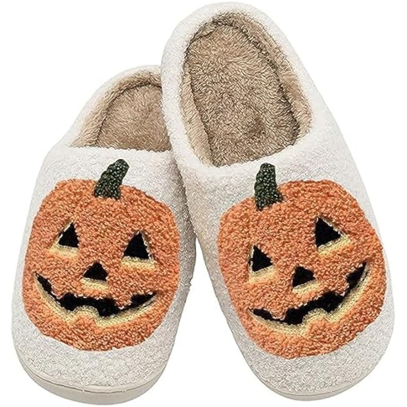 Hf Adult Scary Flat Cotton Bedroom Home Smile Scream Face Ghost Pumpkin Lantern Halloween Slippers for Man Woman