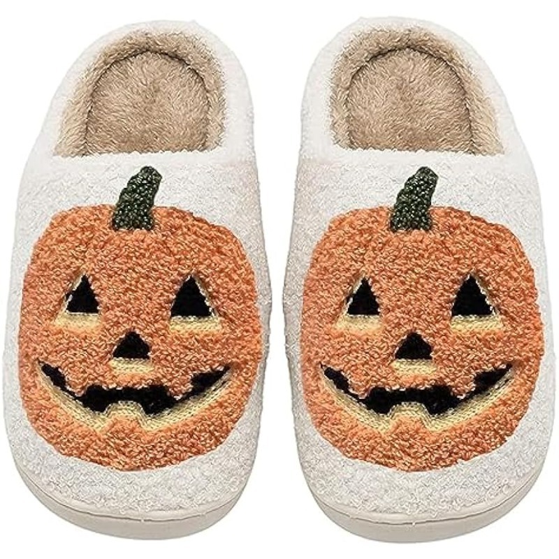 Hf Adult Scary Flat Cotton Bedroom Home Smile Scream Face Ghost Pumpkin Lantern Halloween Slippers for Man Woman