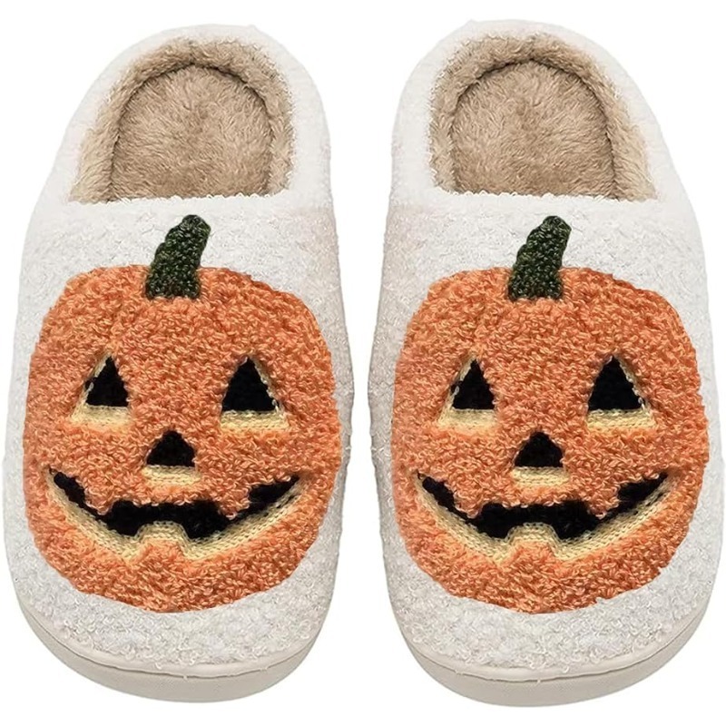 Hf Adult Scary Flat Cotton Bedroom Home Smile Scream Face Ghost Pumpkin Lantern Halloween Slippers for Man Woman