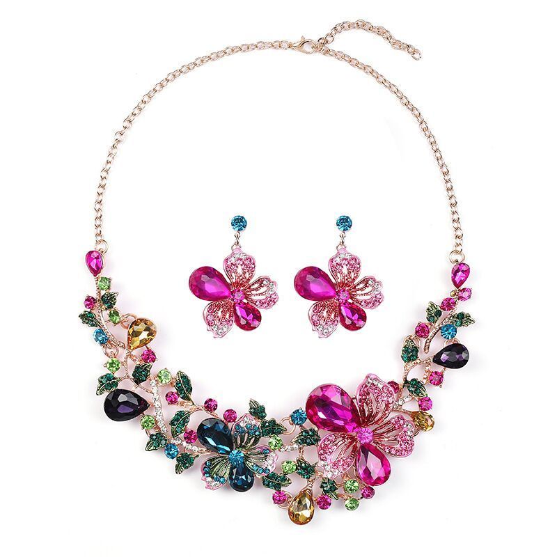 DUYIZHAO Hot Bridal Jewelry Sets Colorful Diamonds Glass Flower Necklace Earrings Fashion Jewelry Sets for Women Wedding Wear