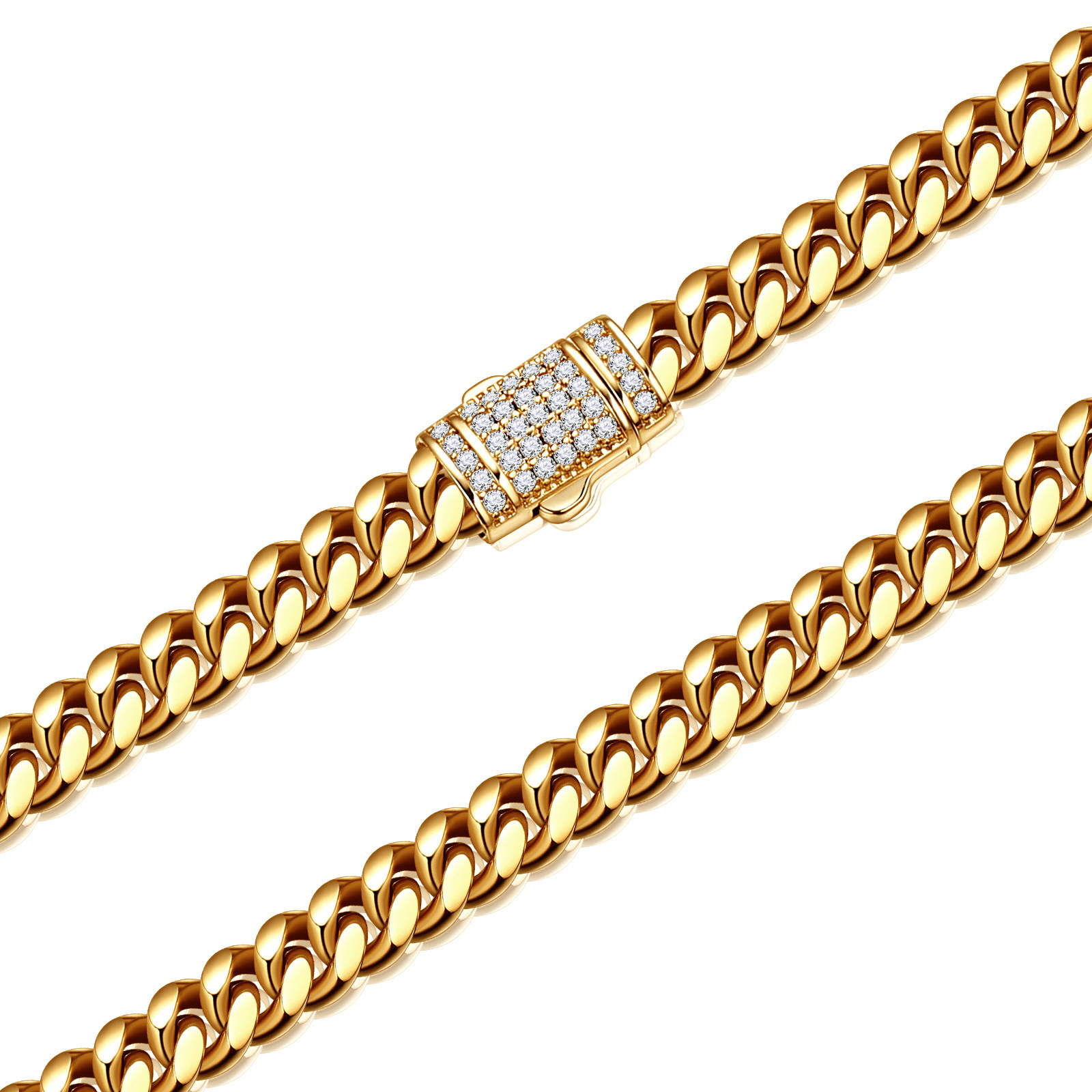 Fashion 6mm-14mm Men's 18K Gold Plated White Zircon Micro Buckle Stainless Steel Cuban Cuban Link Chain Necklace Hip Hop Jewelry