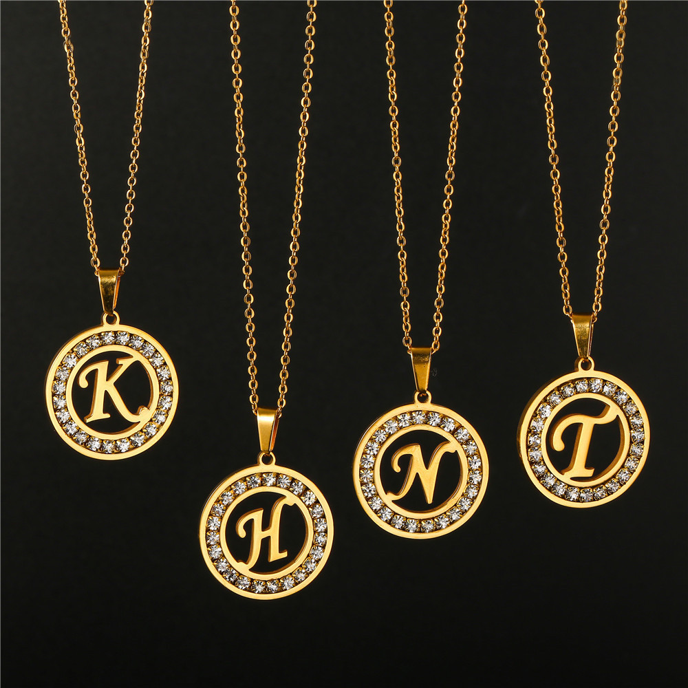 DUYIZHAO New Arrival Stainless Steel 26 Letters Pendant Necklace Round Zircon Alphabet Initial Necklace Fashion Jewelry Women