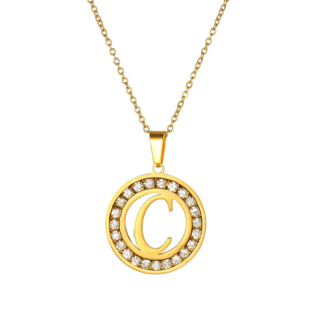 DUYIZHAO New Arrival Stainless Steel 26 Letters Pendant Necklace Round Zircon Alphabet Initial Necklace Fashion Jewelry Women