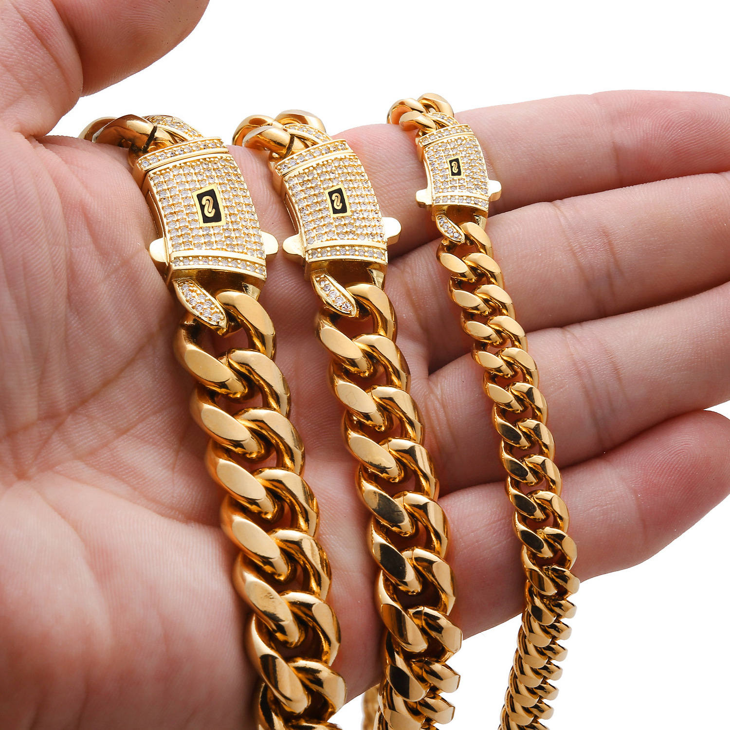 DUYIZHAO Hip Hop Style Stainless Steel Zircon Monaco Chain Gold Plated 6/8/10/12/14/16mm Miami Cuban Link Chain With CZ For Men