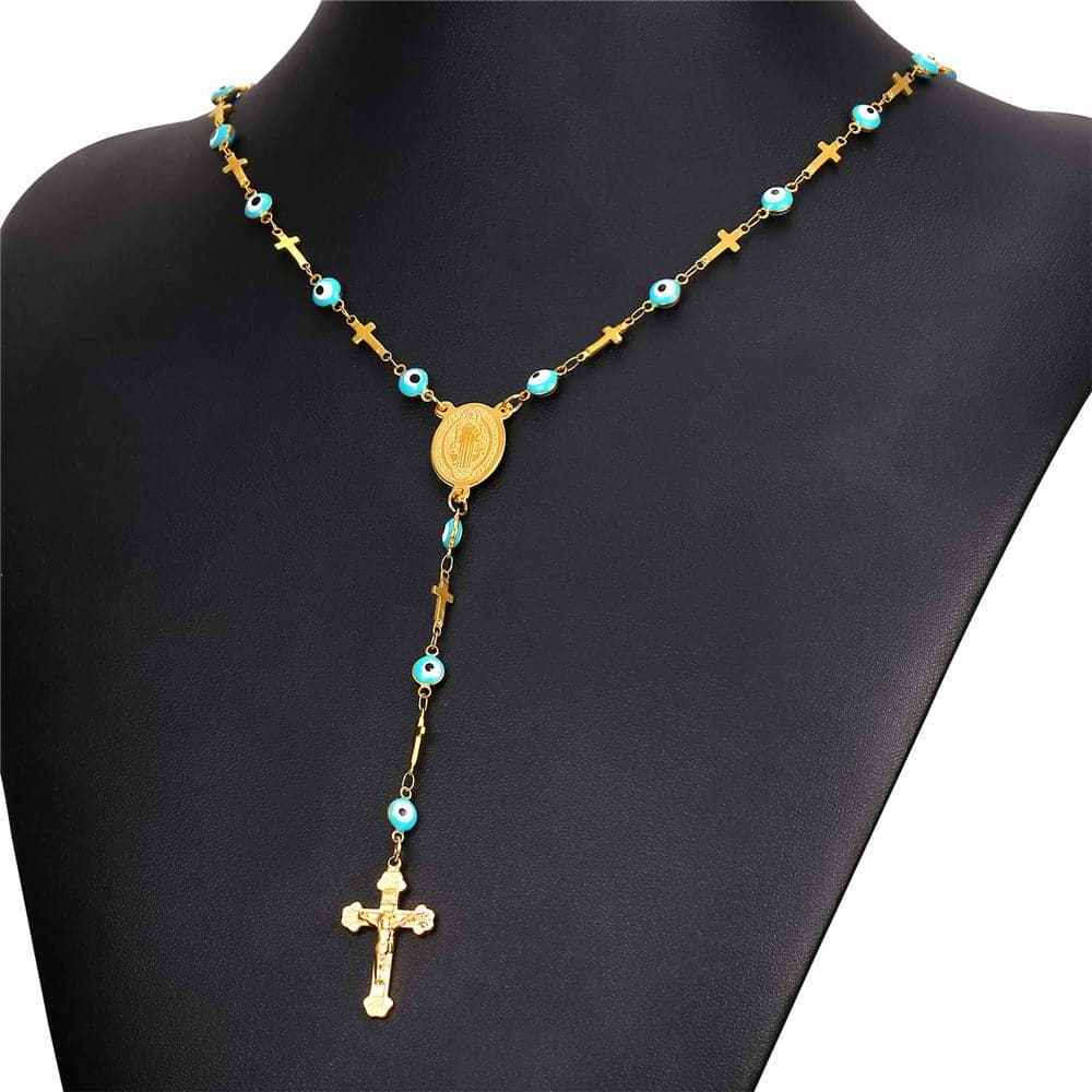 Duyizhao Rosary Beaded Necklace and Bracelet With Blue Eyes Cross Charms Stainless Steel Women's Fashion Jewelry Clothing Chain