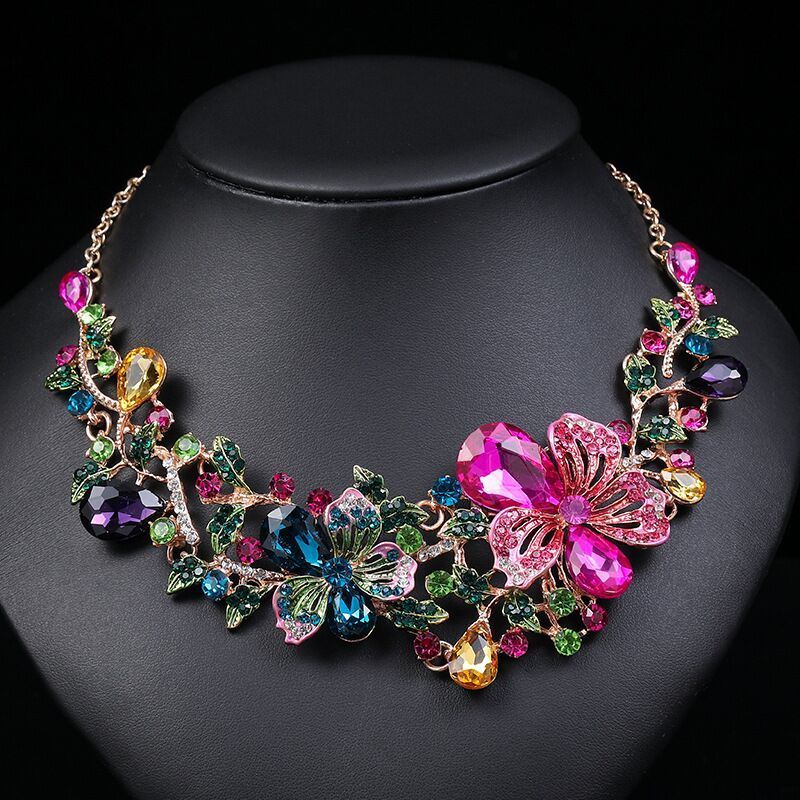 DUYIZHAO Hot Bridal Jewelry Sets Colorful Diamonds Glass Flower Necklace Earrings Fashion Jewelry Sets for Women Wedding Wear