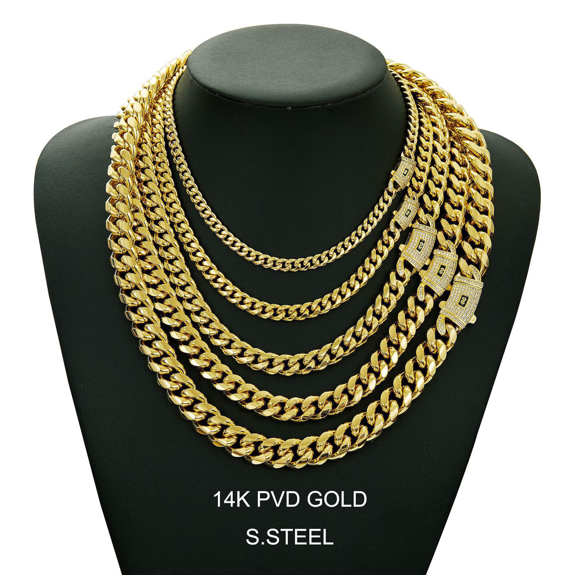 Fashion Stocks mens 14k PVD gold plated stainless steel miami cuban link chain necklace