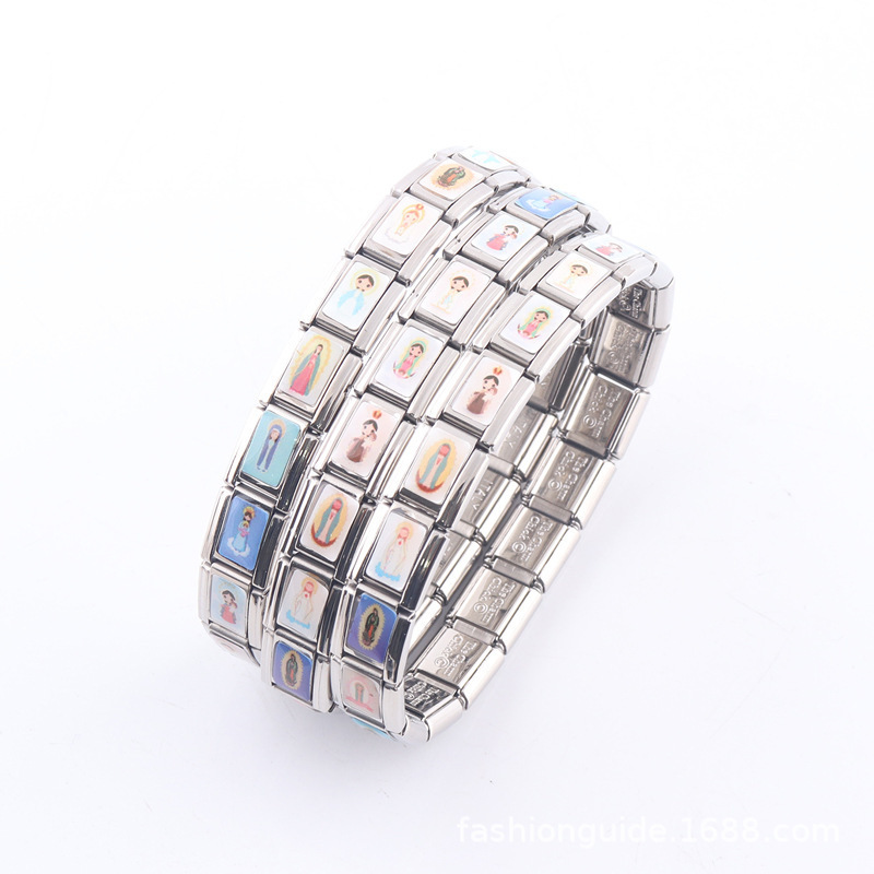 DUYIZHAO Stainless Steel Elastic Bracelet Virgin Mary Italian Charms Link Bracelet DIY Handmade Men Women Bracelet