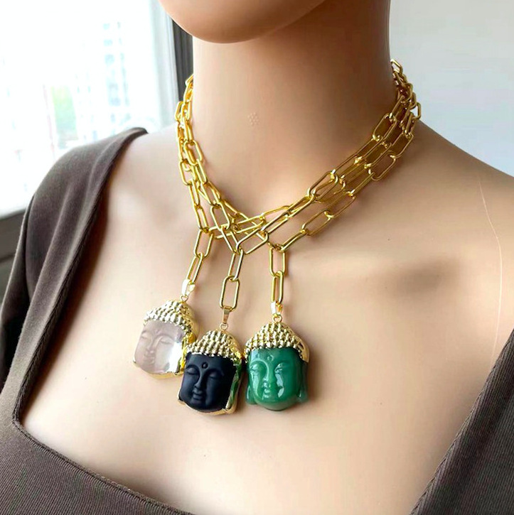 Hot Sale Gold Plated Big Black Obsidian Buddha Necklace Natural Jade Stone Buddha Pendant Necklace Jewelry Wholesale