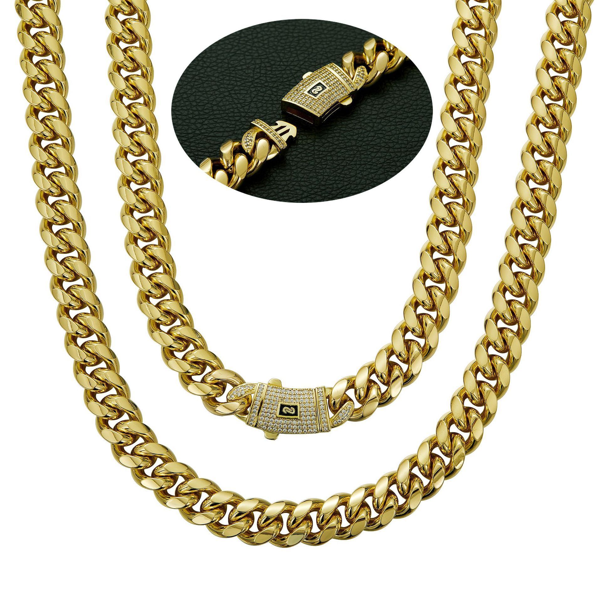 Fashion Stocks mens 14k PVD gold plated stainless steel miami cuban link chain necklace