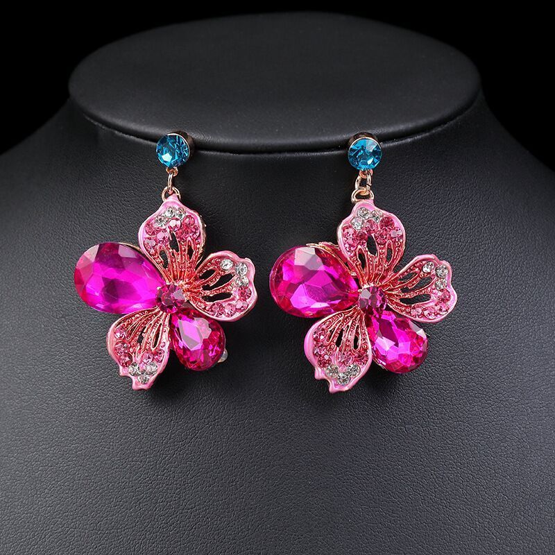 DUYIZHAO Hot Bridal Jewelry Sets Colorful Diamonds Glass Flower Necklace Earrings Fashion Jewelry Sets for Women Wedding Wear