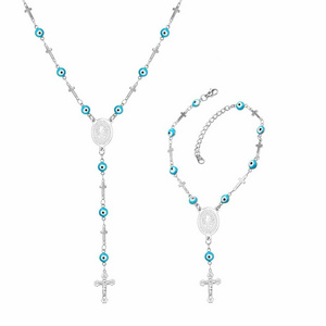 Duyizhao Rosary Beaded Necklace and Bracelet With Blue Eyes Cross Charms Stainless Steel Women's Fashion Jewelry Clothing Chain