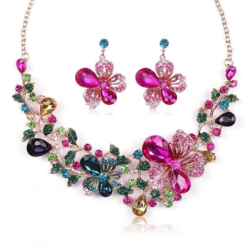 DUYIZHAO Hot Bridal Jewelry Sets Colorful Diamonds Glass Flower Necklace Earrings Fashion Jewelry Sets for Women Wedding Wear