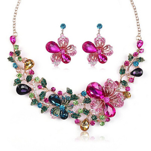 DUYIZHAO Hot Bridal Jewelry Sets Colorful Diamonds Glass Flower Necklace Earrings Fashion Jewelry Sets for Women Wedding Wear