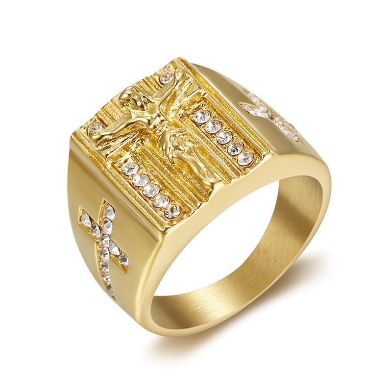 DUYIZHAO Stainless Steel Gold Plated Crystal Religious Jesus Cross Ring Fashion Jewelry Hip Hop Ring For Rapper Men Women Trendy