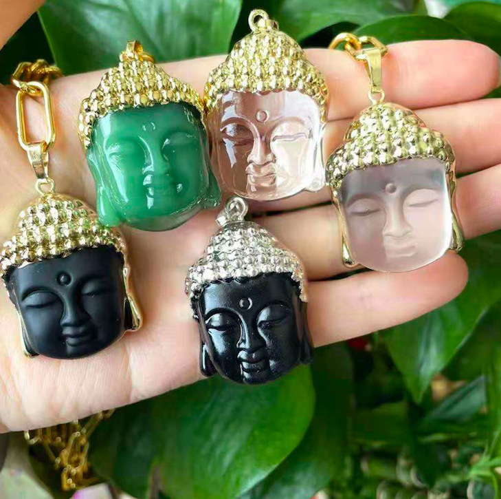 Hot Sale Gold Plated Big Black Obsidian Buddha Necklace Natural Jade Stone Buddha Pendant Necklace Jewelry Wholesale