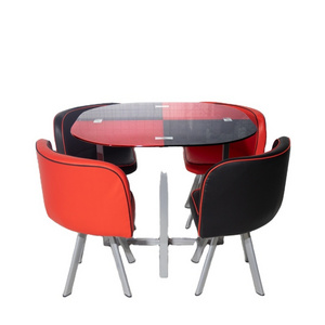 Black and Red Tempered glass modern dining tables Luxury extendable round dinning table set 4 chairs for dining room