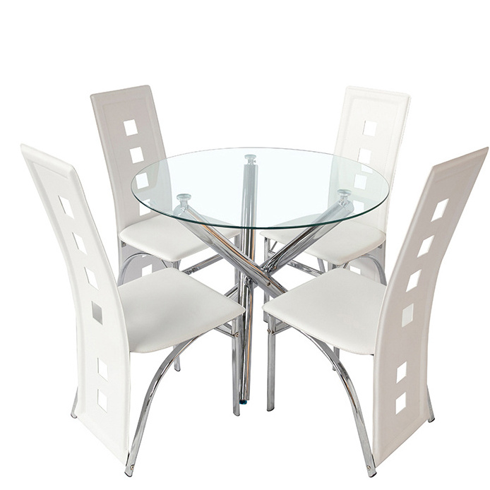 5 Piece Kitchen Dining Table Set with Glass Table Top Leather 4 Chairs and Metal Frame Glass Dining Table