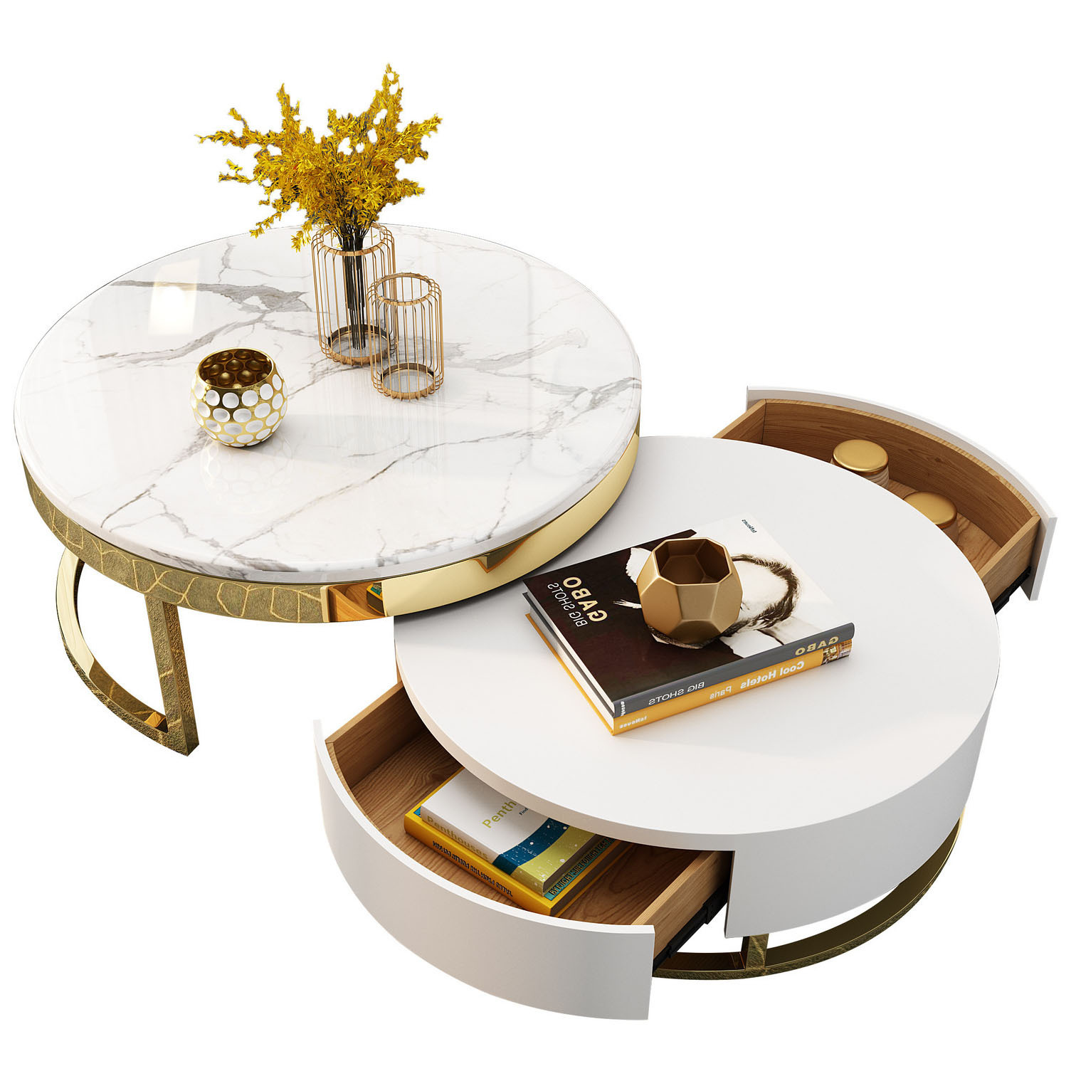 Luxury Furniture Marble Top Gold Stainless Steel Frame Sectional Glass Round Coffee Table