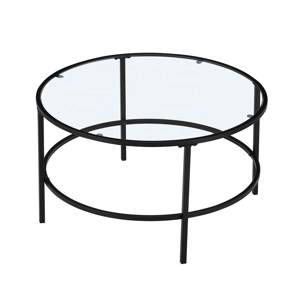 Modern Living Room Furniture 2 layers Black Metal center Round coffee Table mirrored Clear Glass Top Center Coffee Table