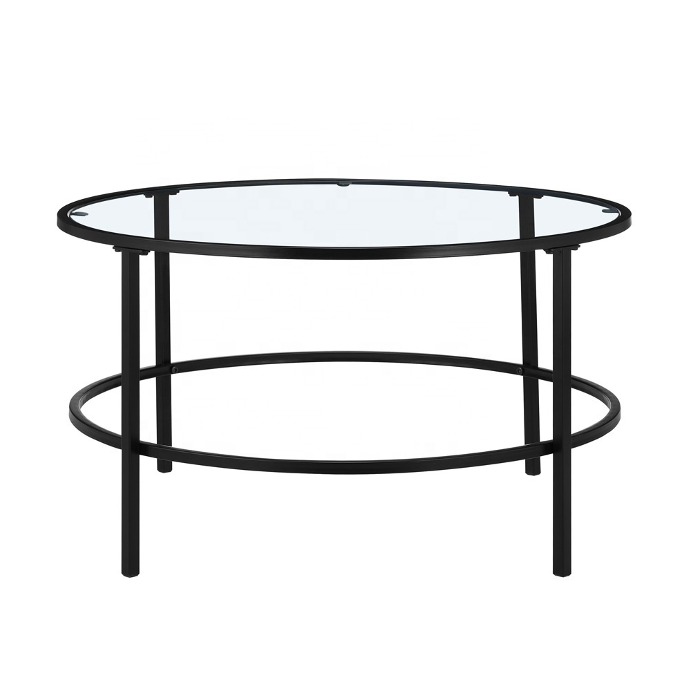 Modern Living Room Furniture 2 layers Black Metal center Round coffee Table mirrored Clear Glass Top Center Coffee Table