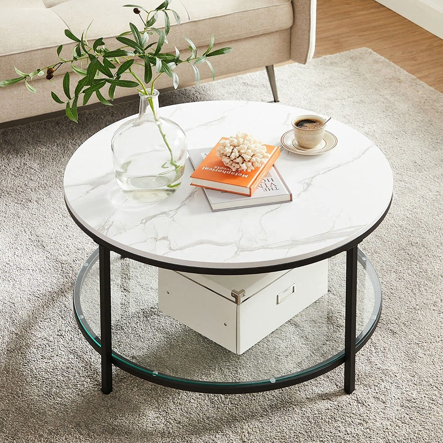 Modern Living Room Furniture 2 layers Black Metal center Round coffee Table mirrored Clear Glass Top Center Coffee Table