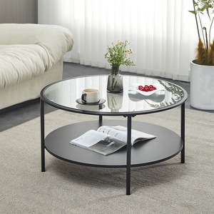 Modern Living Room Furniture 2 layers Black Metal center Round coffee Table mirrored Clear Glass Top Center Coffee Table