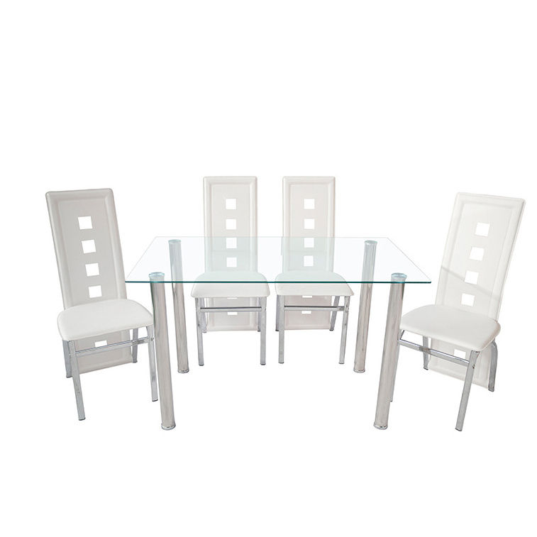 5 Piece Kitchen Dining Table Set with Glass Table Top Leather 4 Chairs and Metal Frame Glass Dining Table