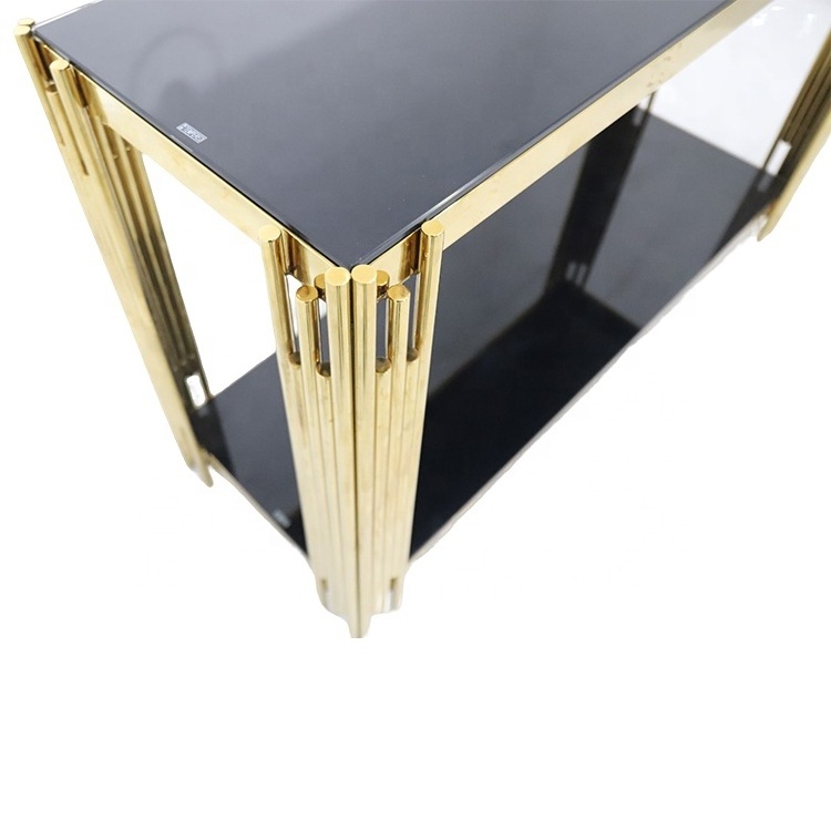 wholesale metal gold stainless steel frame modern design luxury french style black tempered glass console table