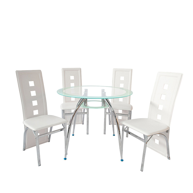 5 Piece Kitchen Dining Table Set with Glass Table Top Leather 4 Chairs and Metal Frame Glass Dining Table