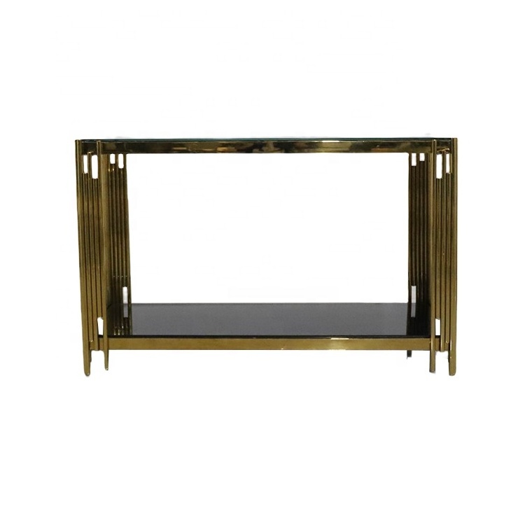 wholesale metal gold stainless steel frame modern design luxury french style black tempered glass console table