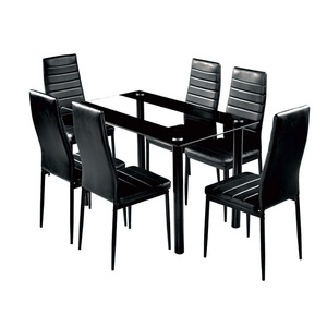 Best Choice Kitchen Dining Table Set with One Glass Top Table and 6 Black Leather Chairs