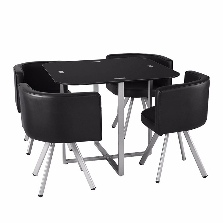 4 Chairs Round black Tempered Glass Space Saving Dining Room Sets