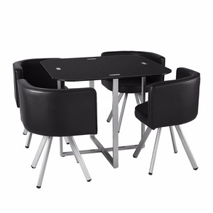 4 Chairs Round black Tempered Glass Space Saving Dining Room Sets