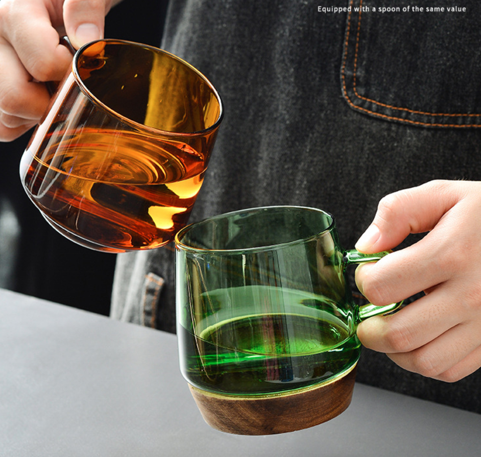 Nordic Creative Glass Cup, Juice Cup/Wine Glass/Water Cup and Tea Cup Wooden Bottom glass cup