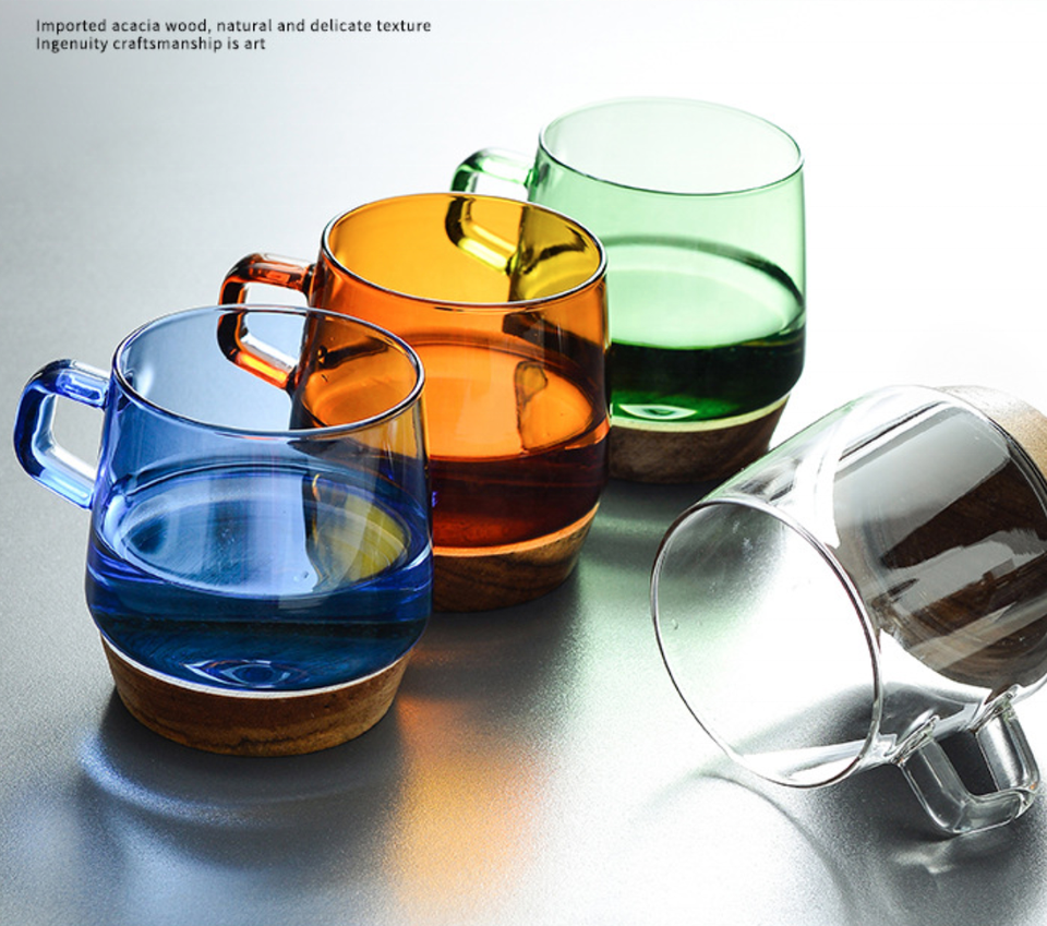 Nordic Creative Glass Cup, Juice Cup/Wine Glass/Water Cup and Tea Cup Wooden Bottom glass cup