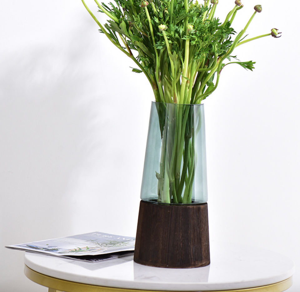 Simple modern INS creative wooden barrel transparent glass vase living room dry flower arrangement glass vase